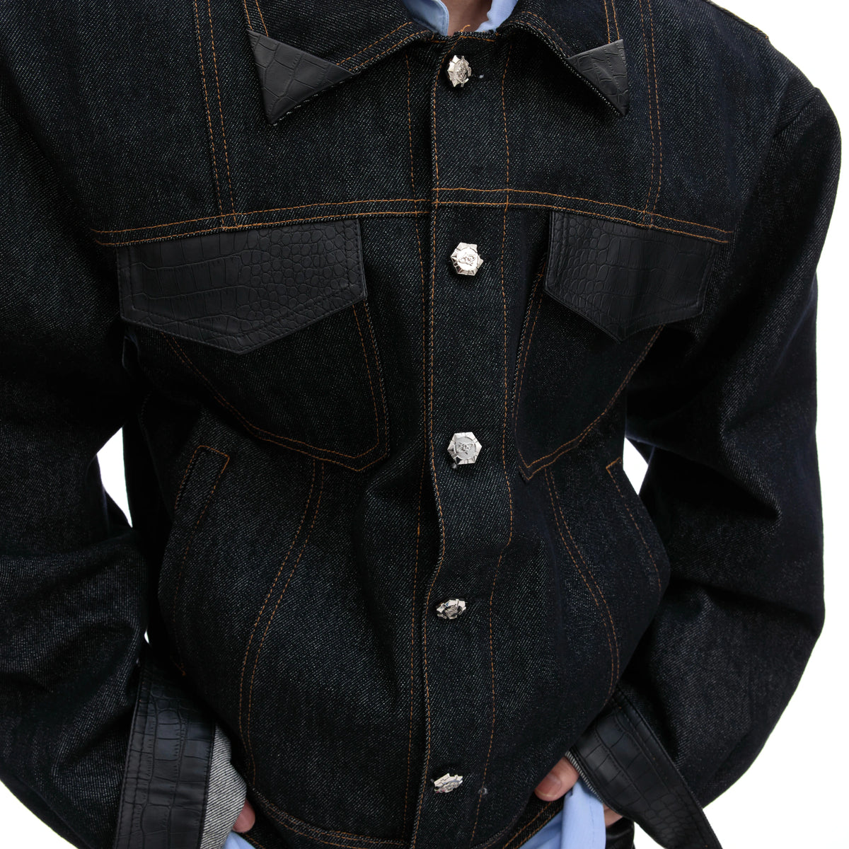 Indigo Denim Leather-Panel Jacket and Pants Suit - main image 3