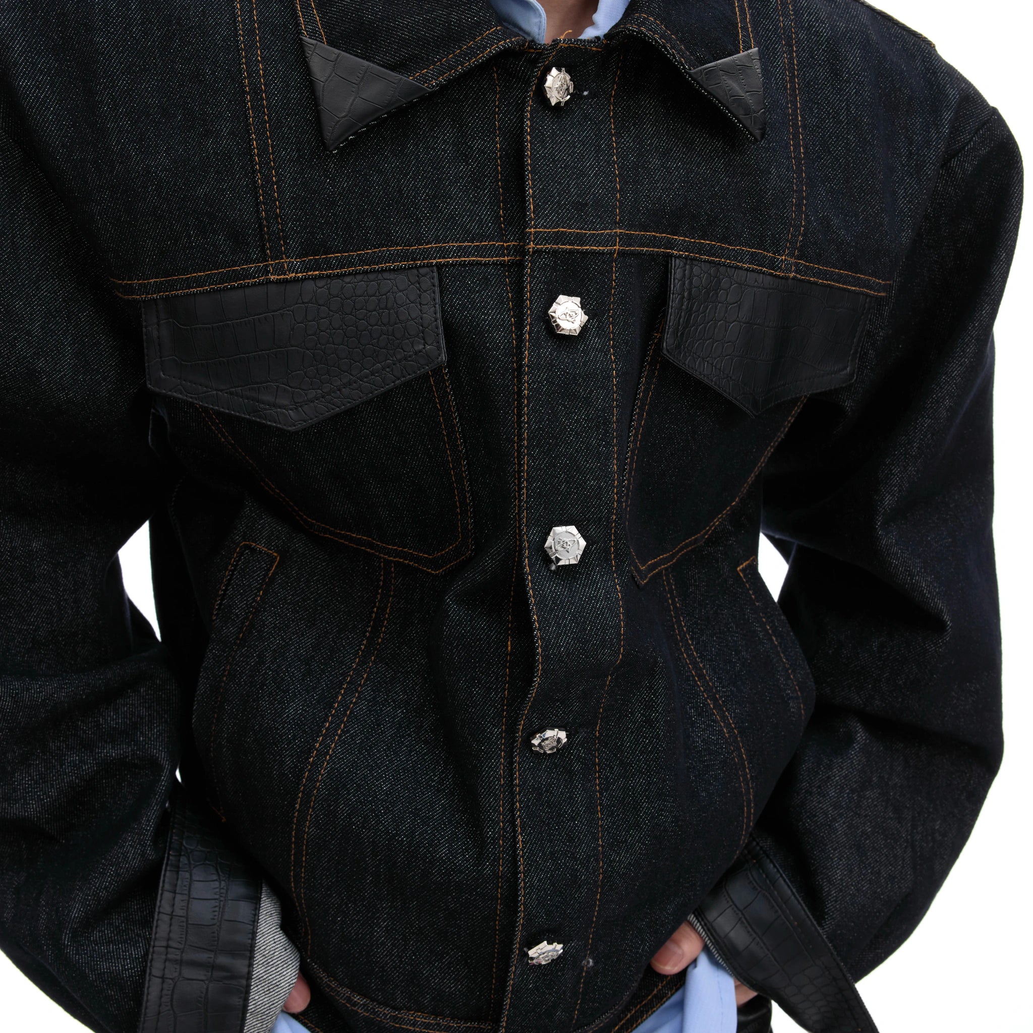 Indigo Denim Leather-Panel Jacket and Pants Suit - main image 3