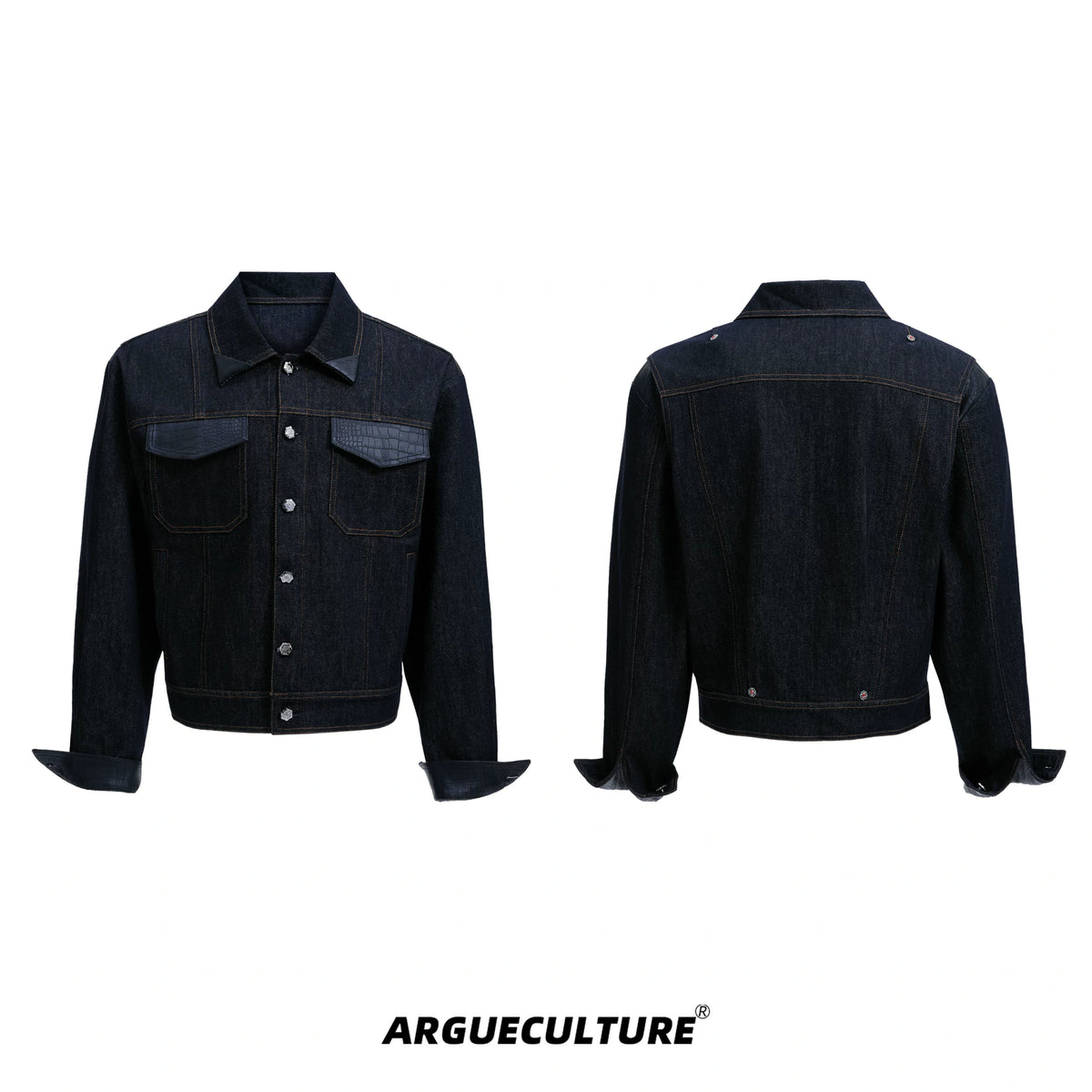 Indigo Denim Leather-Panel Jacket and Pants Suit - Indigo Blue Jacket