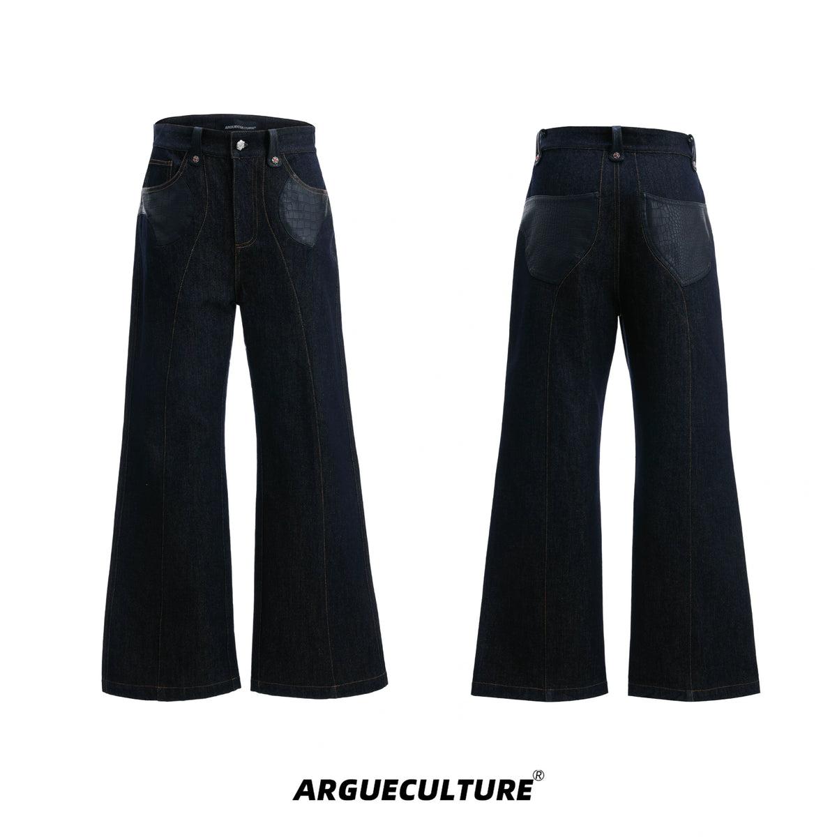 Indigo Denim Leather-Panel Jacket and Pants Suit - Indigo Blue Pants