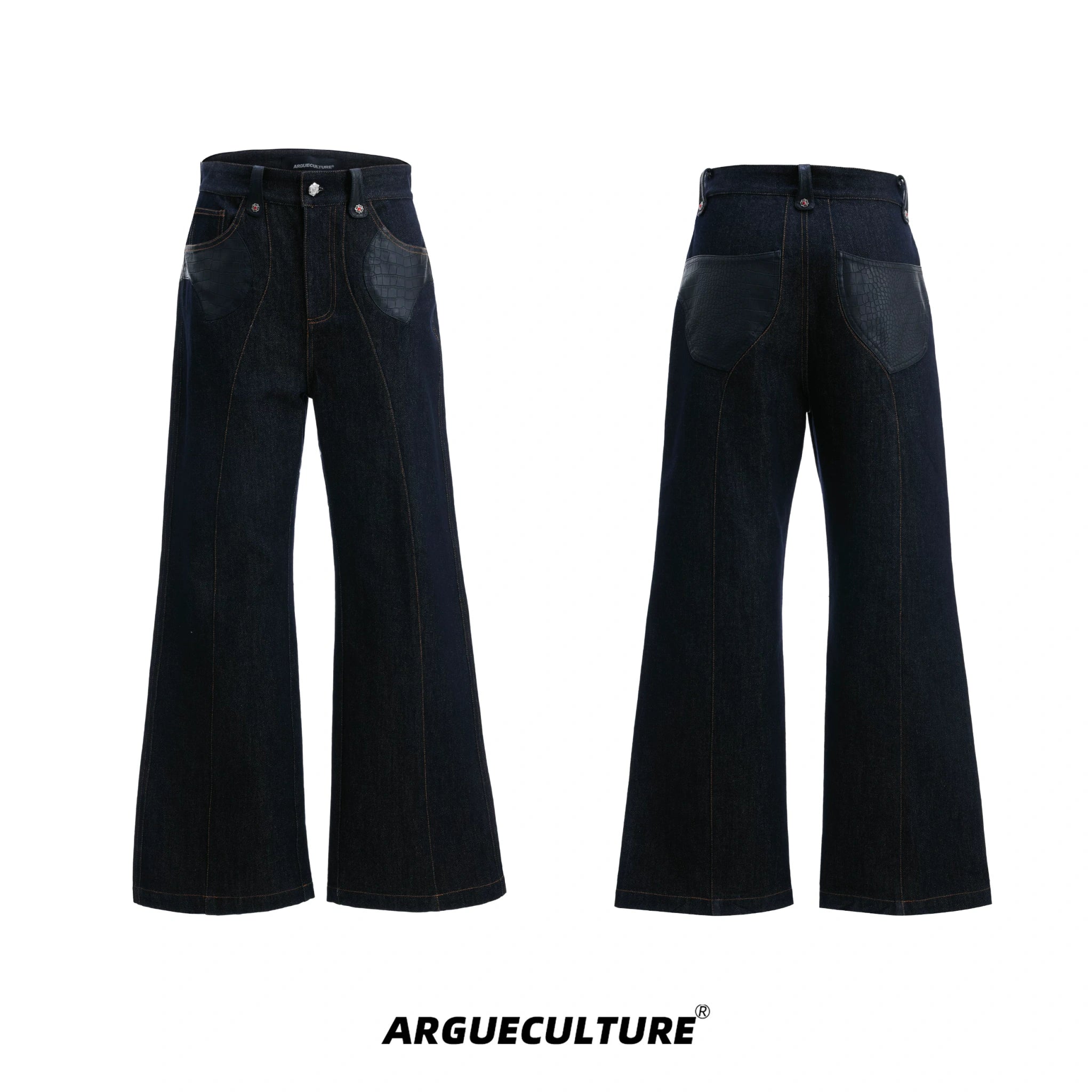 Indigo Denim Leather-Panel Jacket and Pants Suit - Indigo Blue Pants