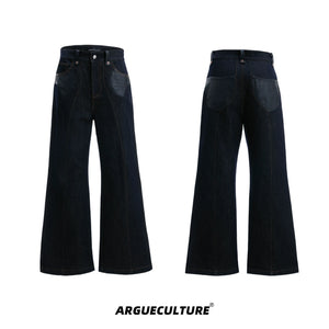 Indigo Denim Leather-Panel Jacket and Pants Suit - Indigo Blue Pants