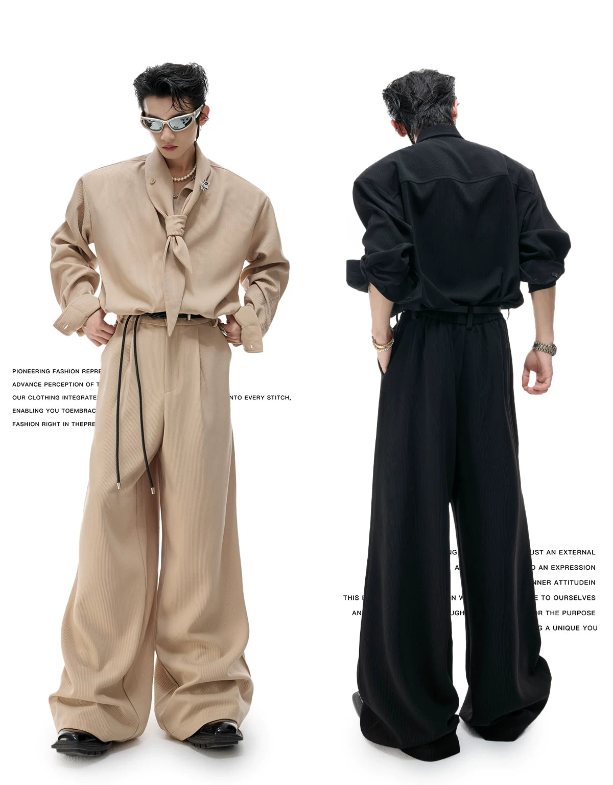 Unisex Ribbon-Collar Shirt and Wide-Leg Pants Set - description image 3