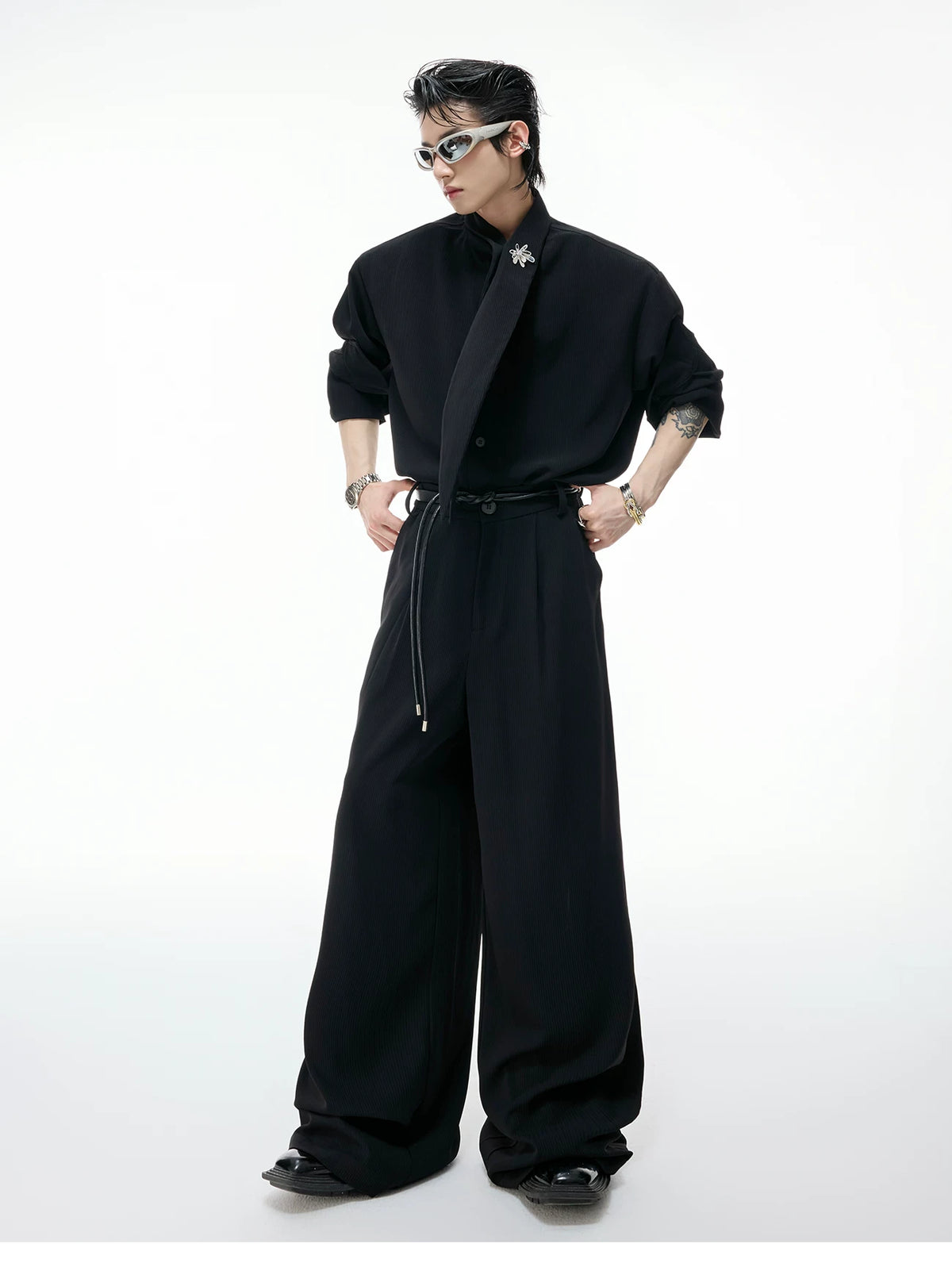 Unisex Ribbon-Collar Shirt and Wide-Leg Pants Set - description image 4
