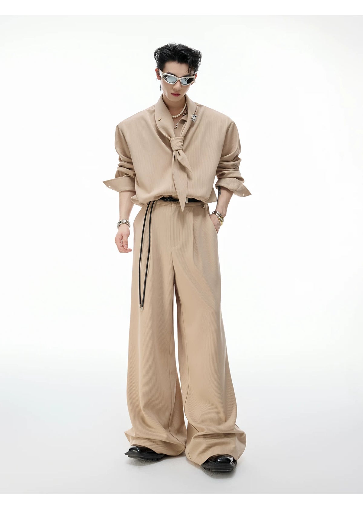 Unisex Ribbon-Collar Shirt and Wide-Leg Pants Set - description image 6