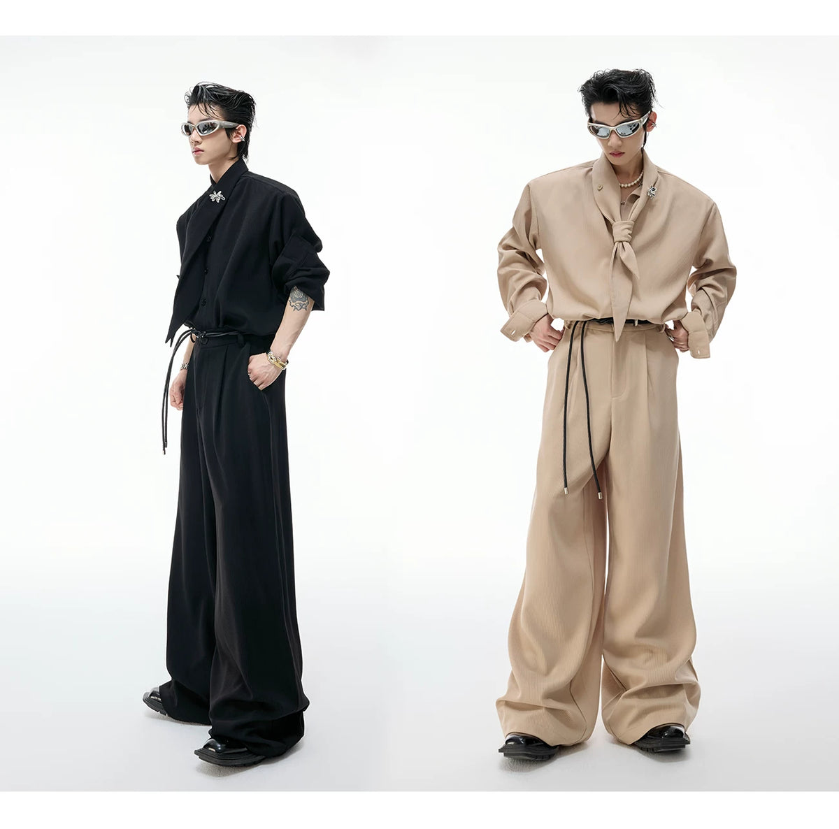 Unisex Ribbon-Collar Shirt and Wide-Leg Pants Set - description image 7
