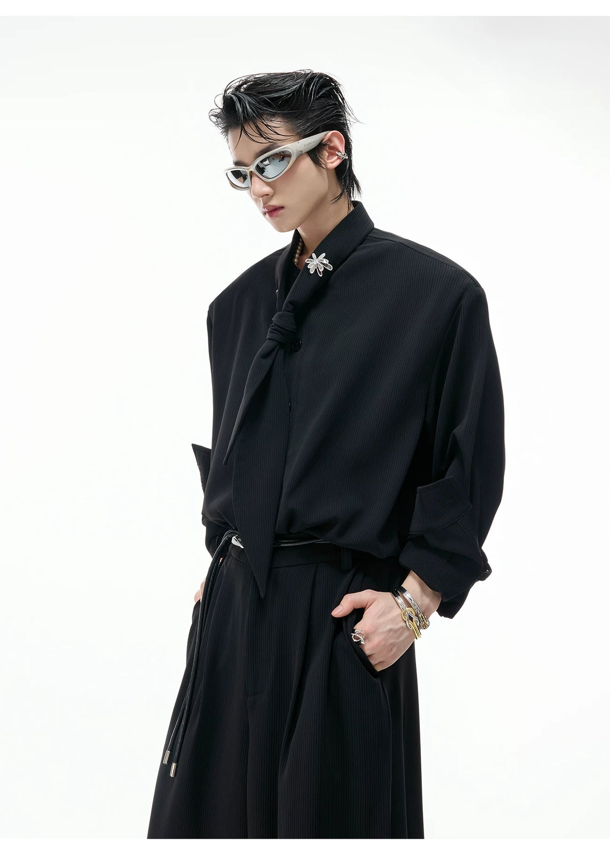 Unisex Ribbon-Collar Shirt and Wide-Leg Pants Set - description image 9