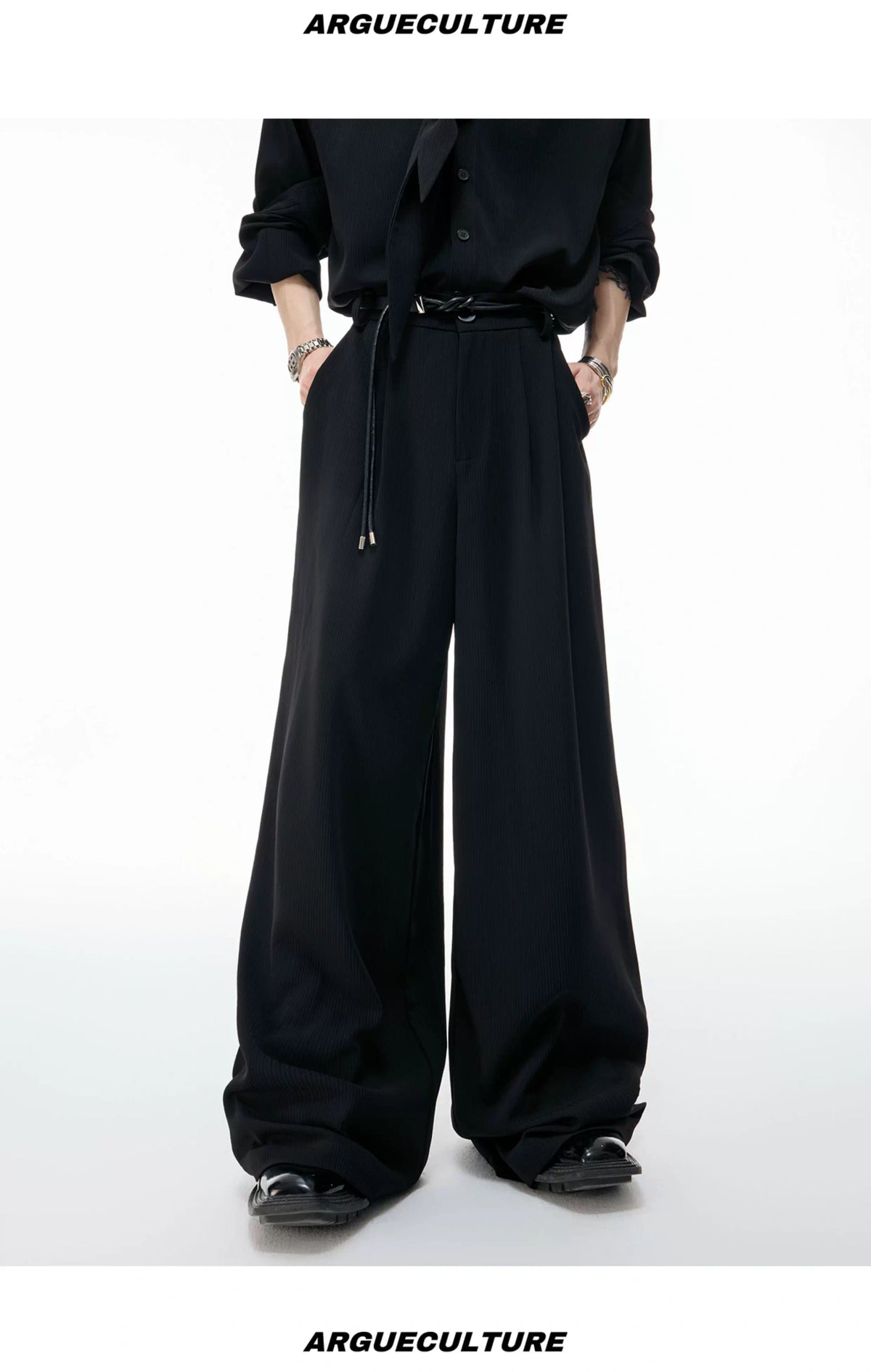 Unisex Ribbon-Collar Shirt and Wide-Leg Pants Set - description image 10