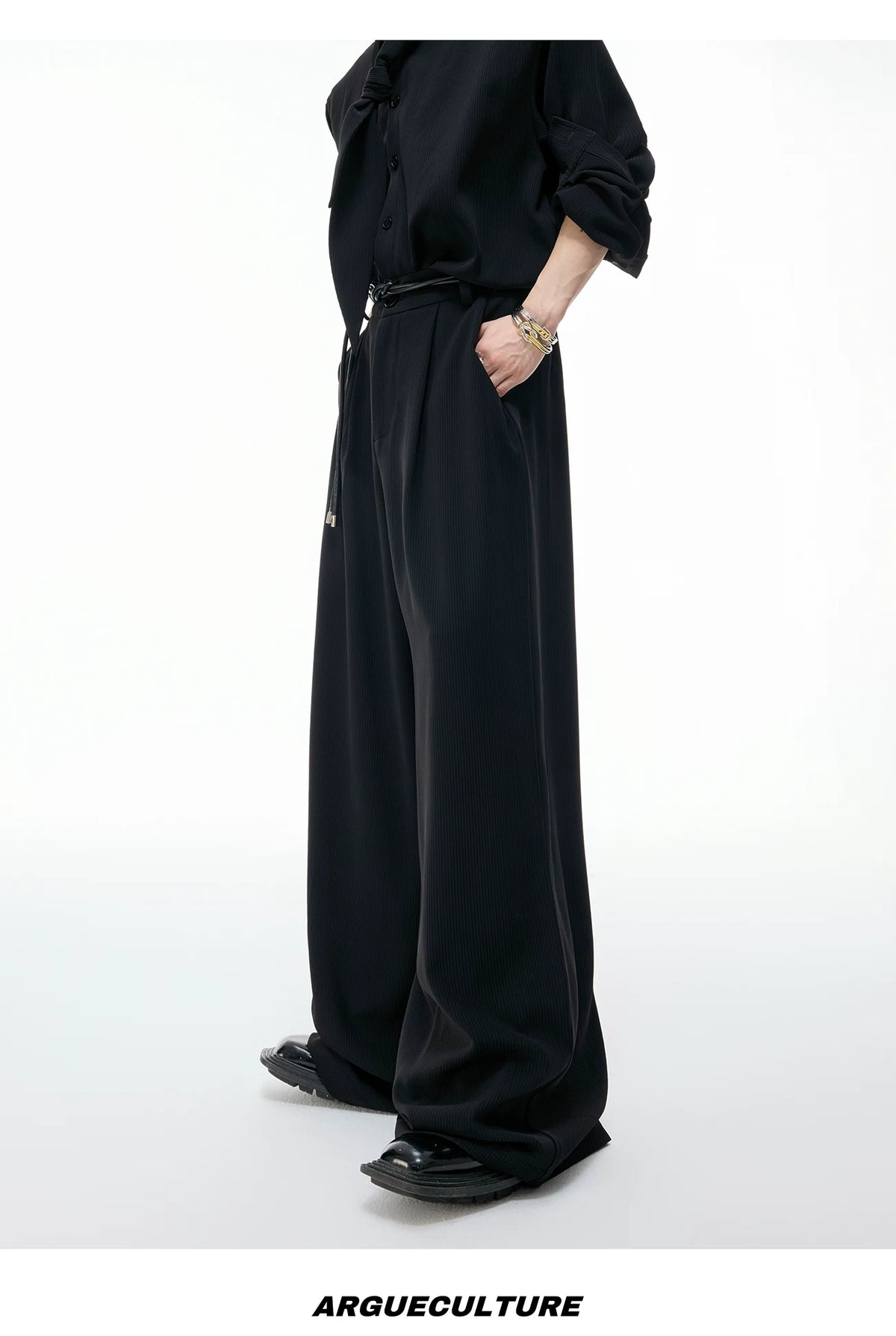 Unisex Ribbon-Collar Shirt and Wide-Leg Pants Set - description image 11