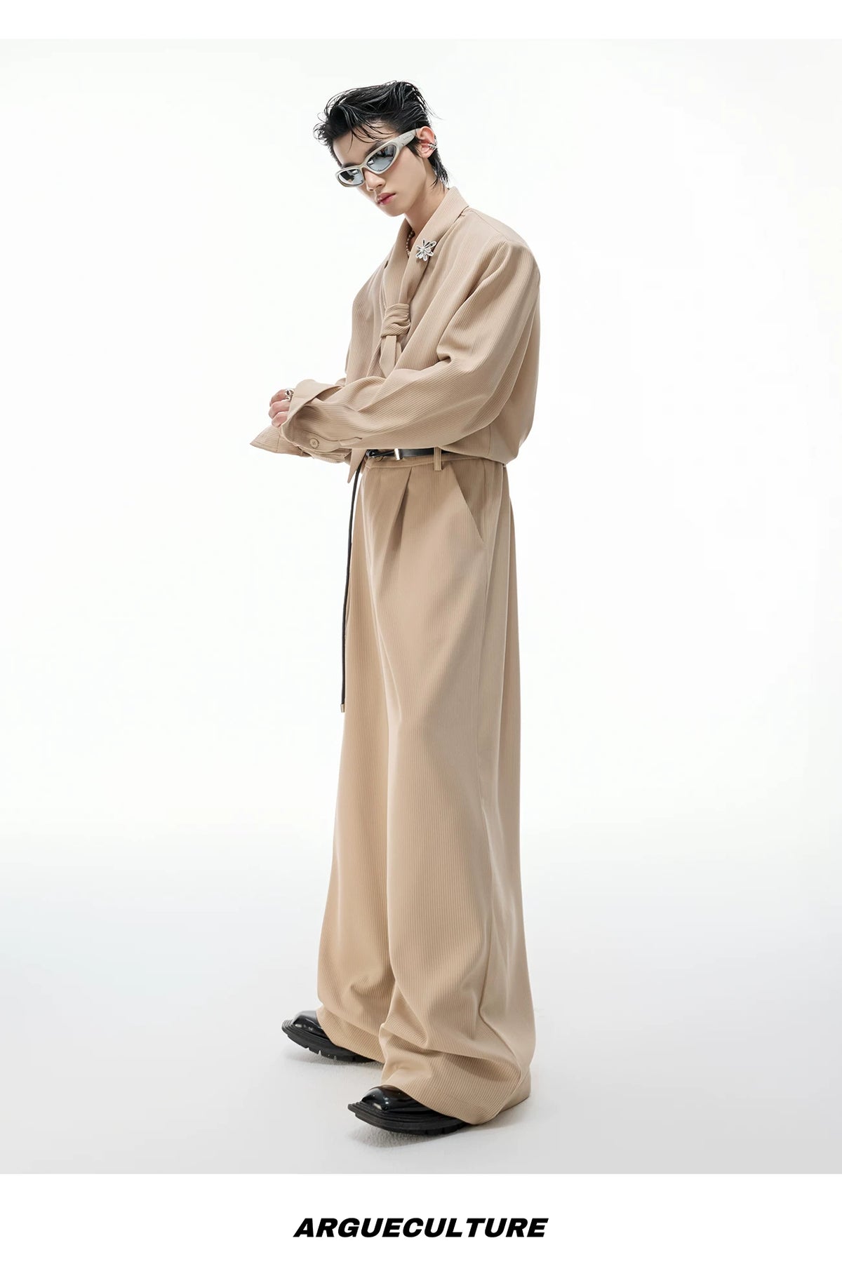 Unisex Ribbon-Collar Shirt and Wide-Leg Pants Set - description image 12