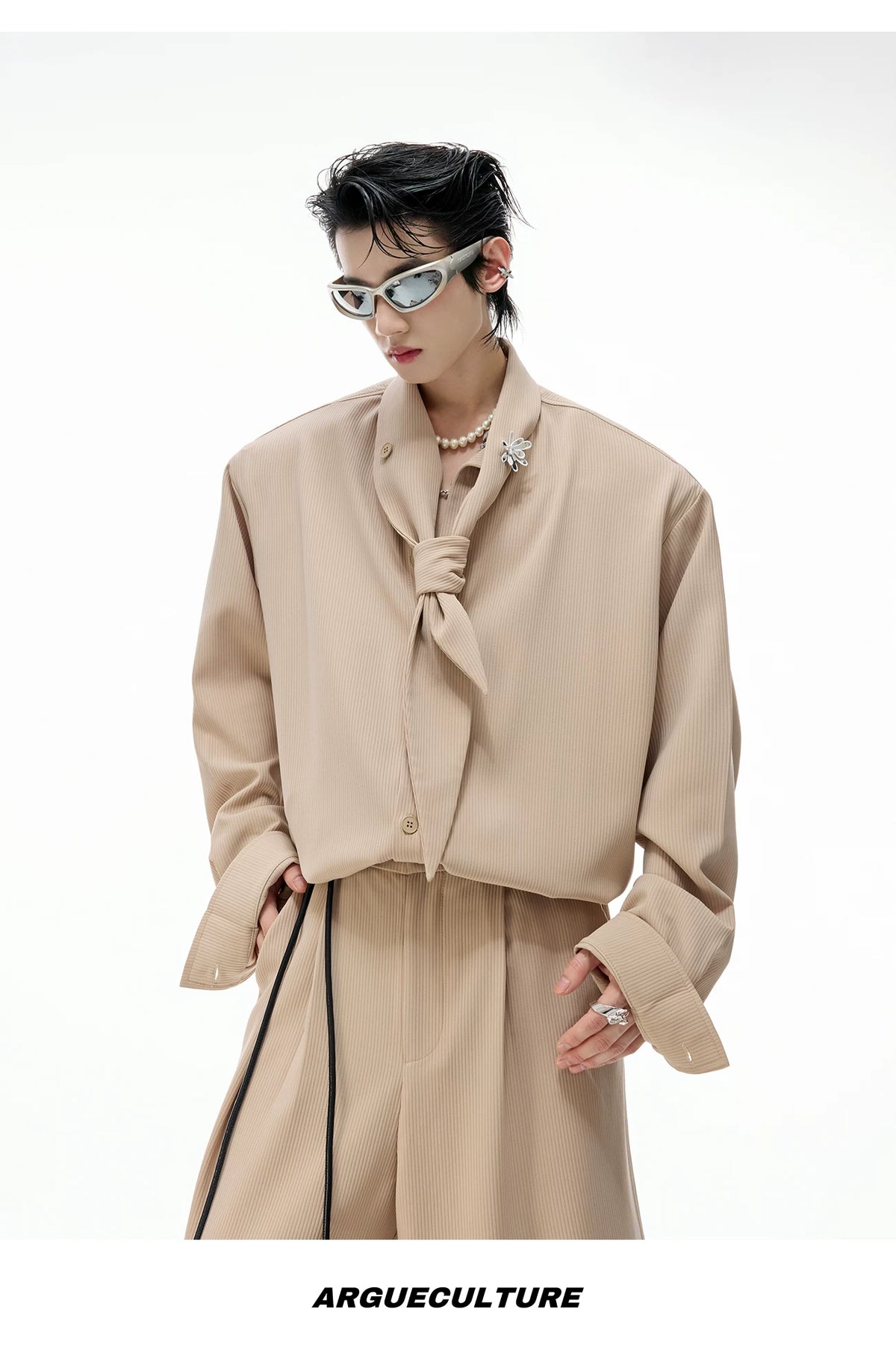 Unisex Ribbon-Collar Shirt and Wide-Leg Pants Set - description image 13