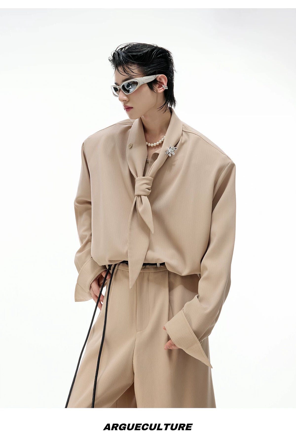 Unisex Ribbon-Collar Shirt and Wide-Leg Pants Set - description image 14