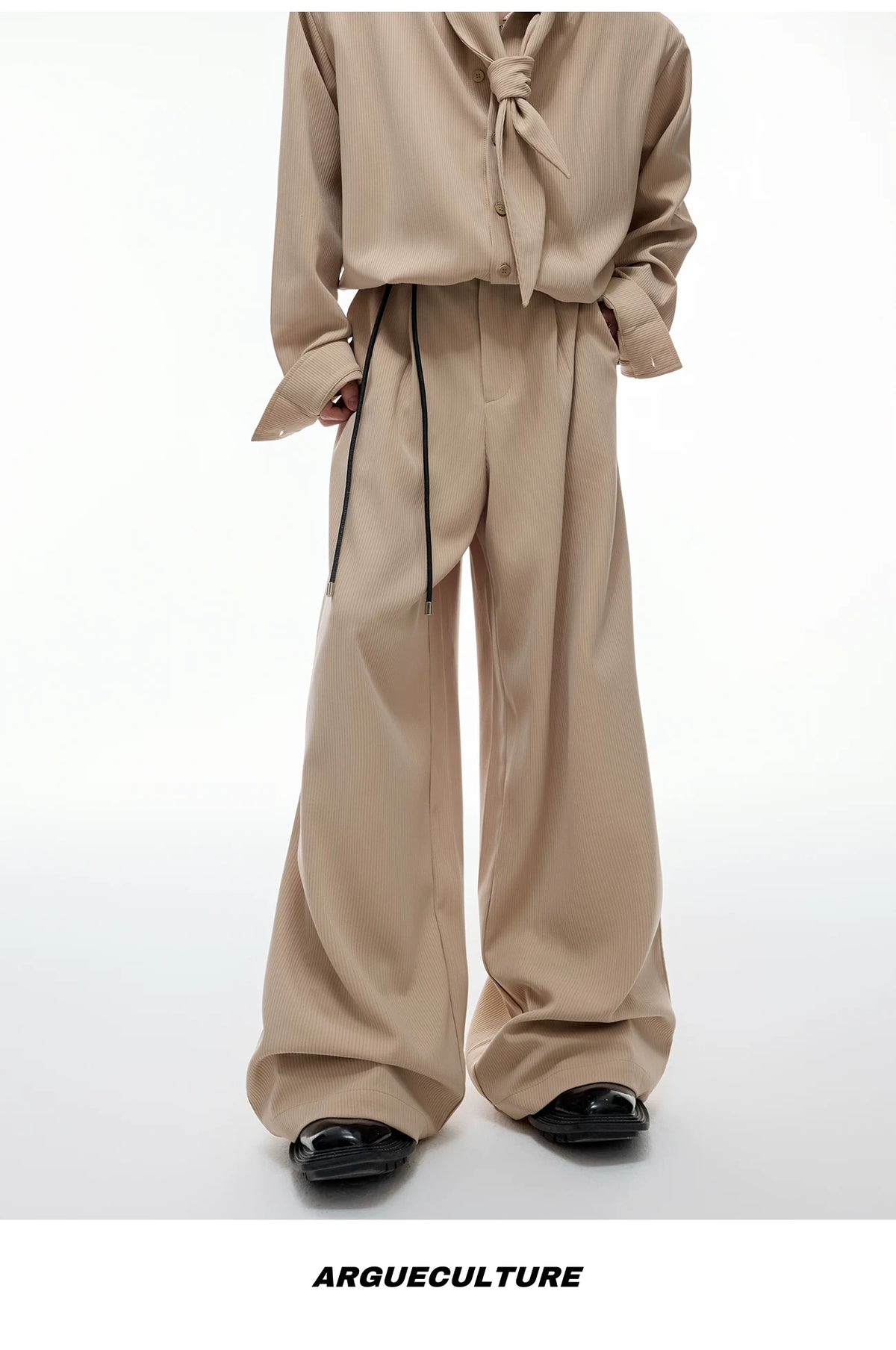 Unisex Ribbon-Collar Shirt and Wide-Leg Pants Set - description image 16