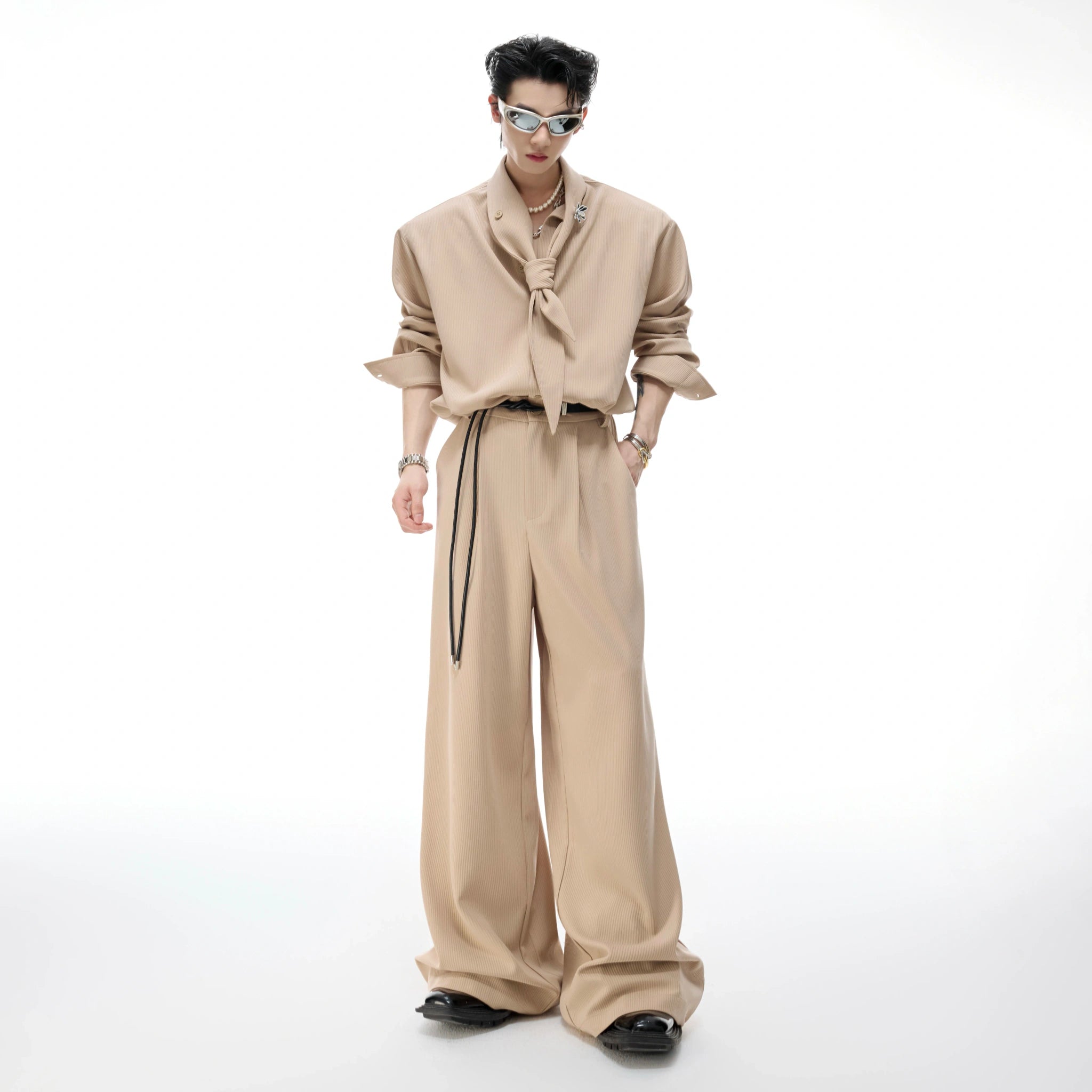 Unisex Ribbon-Collar Shirt and Wide-Leg Pants Set - main image 1
