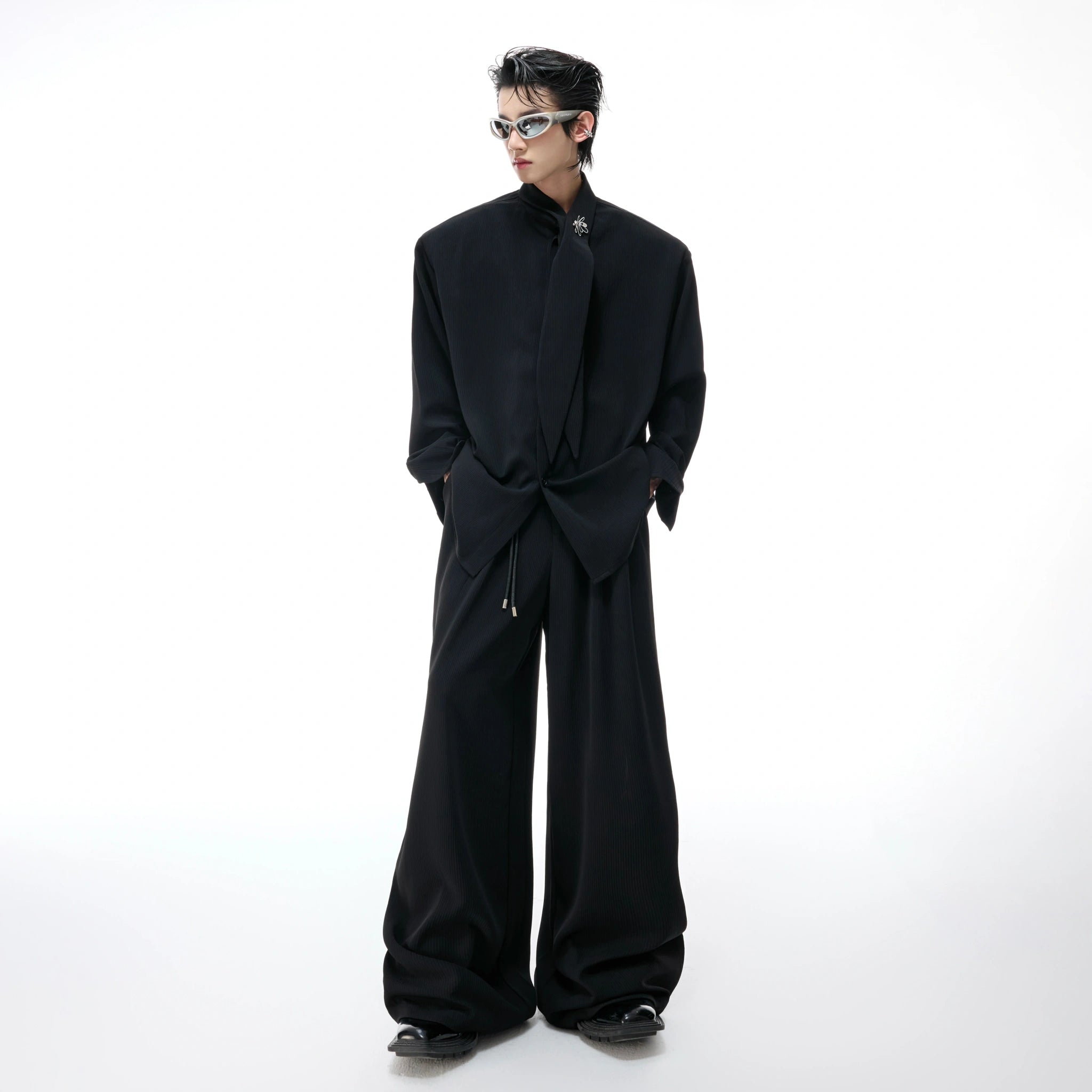 Unisex Ribbon-Collar Shirt and Wide-Leg Pants Set - main image 2