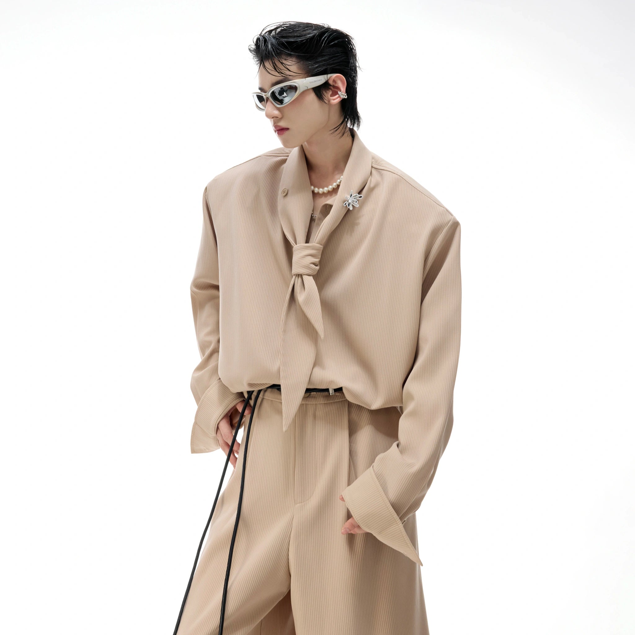 Unisex Ribbon-Collar Shirt and Wide-Leg Pants Set - main image 3
