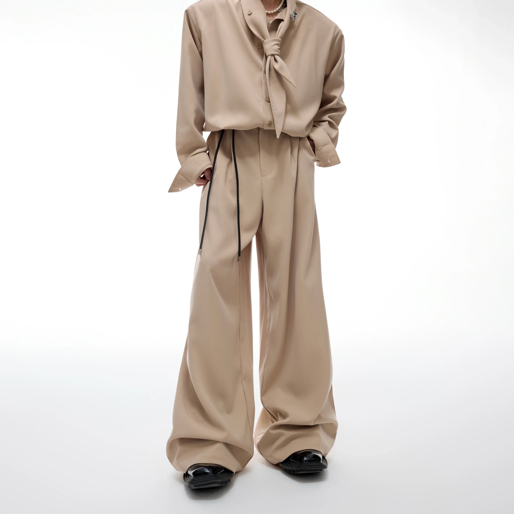 Unisex Ribbon-Collar Shirt and Wide-Leg Pants Set - main image 4