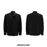 Unisex Ribbon-Collar Shirt and Wide-Leg Pants Set - Black with Brooch