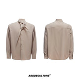 Unisex Ribbon-Collar Shirt and Wide-Leg Pants Set - Brown with Brooch