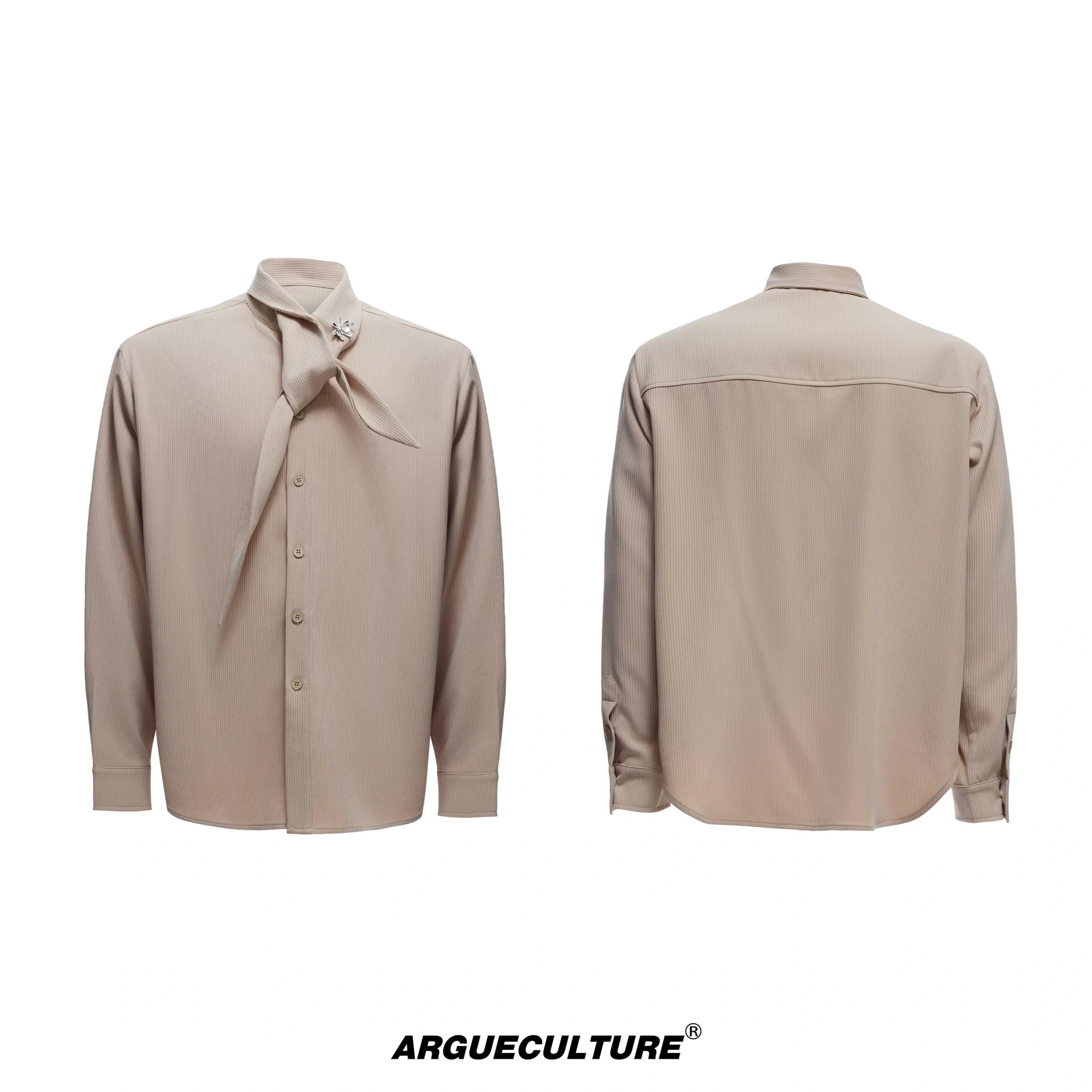 Unisex Ribbon-Collar Shirt and Wide-Leg Pants Set - Brown with Brooch