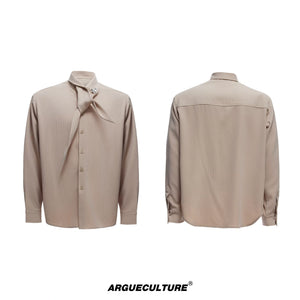 Unisex Ribbon-Collar Shirt and Wide-Leg Pants Set - Brown with Brooch