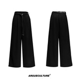 Unisex Ribbon-Collar Shirt and Wide-Leg Pants Set - Black with Belt