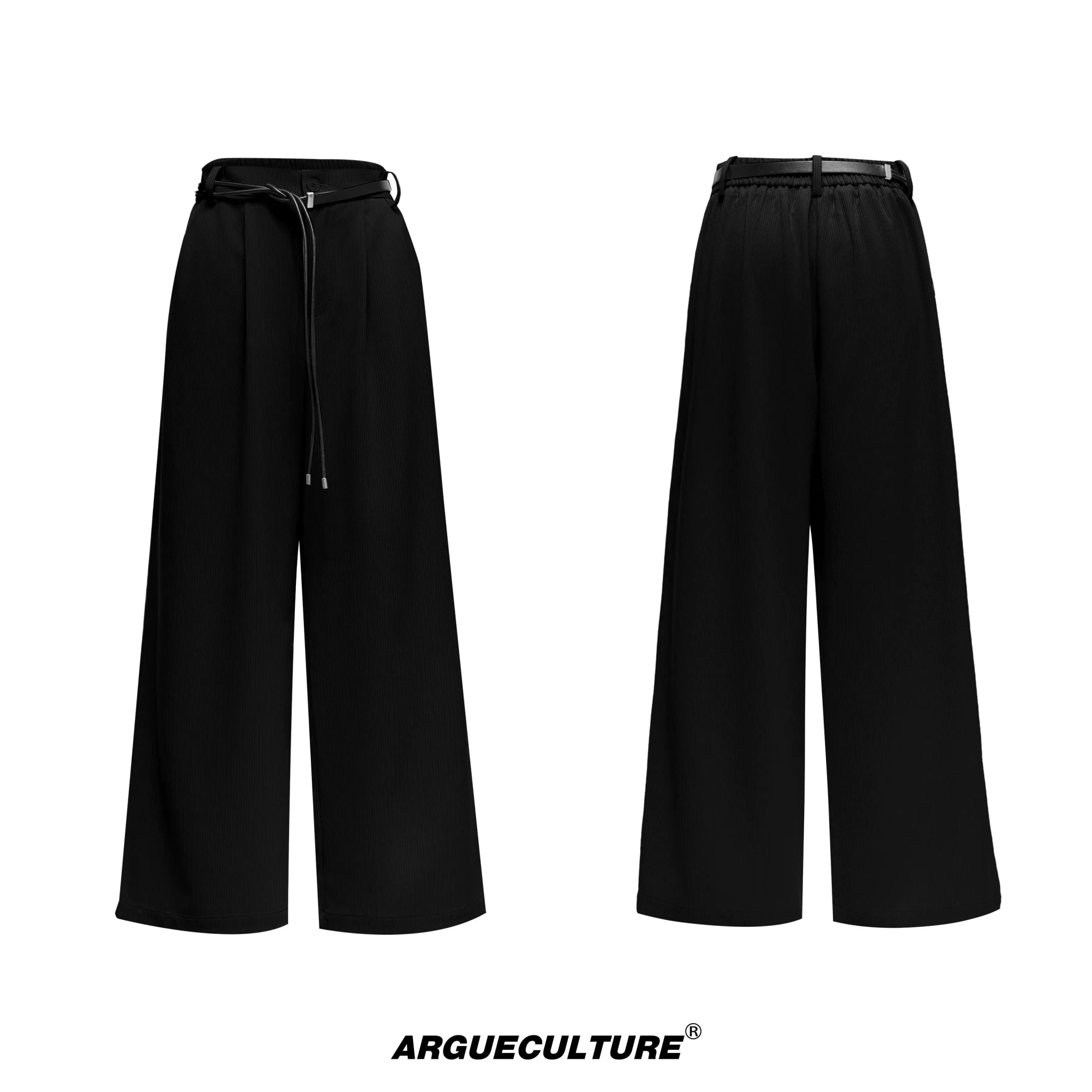 Unisex Ribbon-Collar Shirt and Wide-Leg Pants Set - Black with Belt