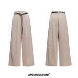 Unisex Ribbon-Collar Shirt and Wide-Leg Pants Set - Brown with Belt