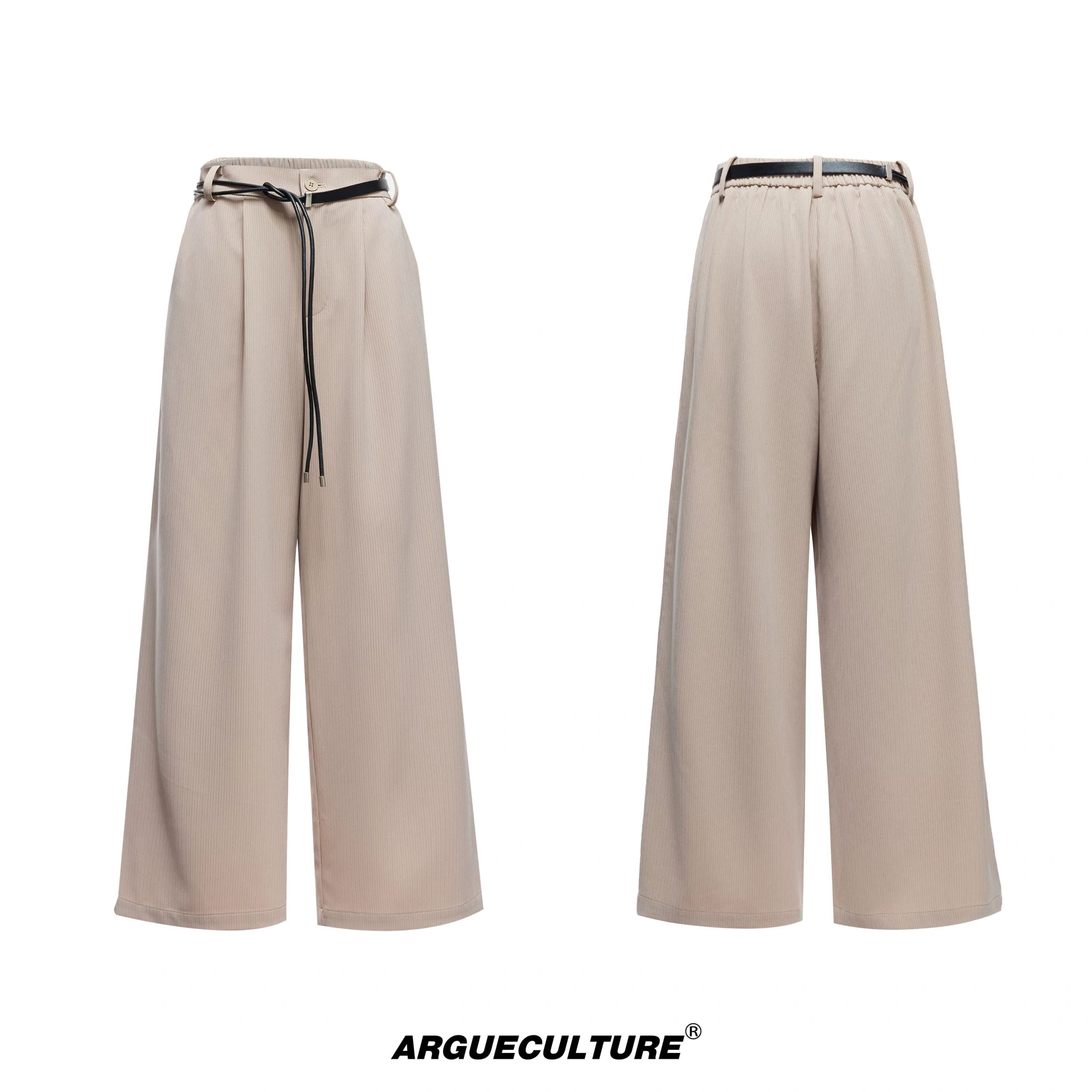 Unisex Ribbon-Collar Shirt and Wide-Leg Pants Set - Brown with Belt
