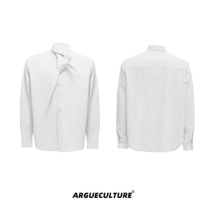 Unisex Ribbon-Collar Shirt and Wide-Leg Pants Set - White with Brooch