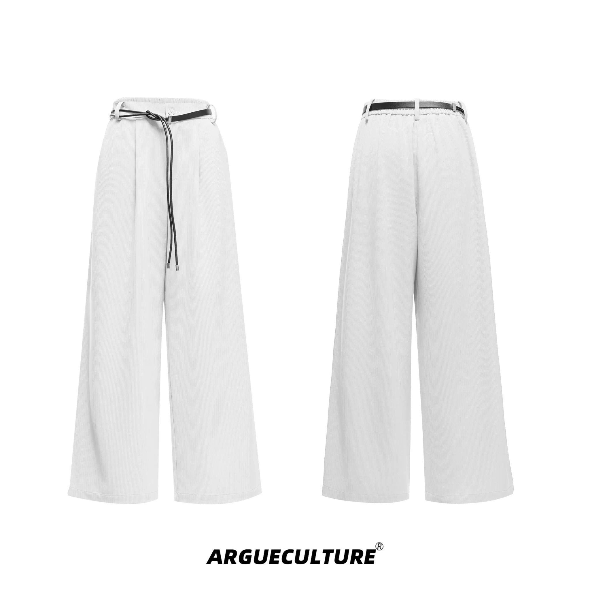 Unisex Ribbon-Collar Shirt and Wide-Leg Pants Set - White with Belt
