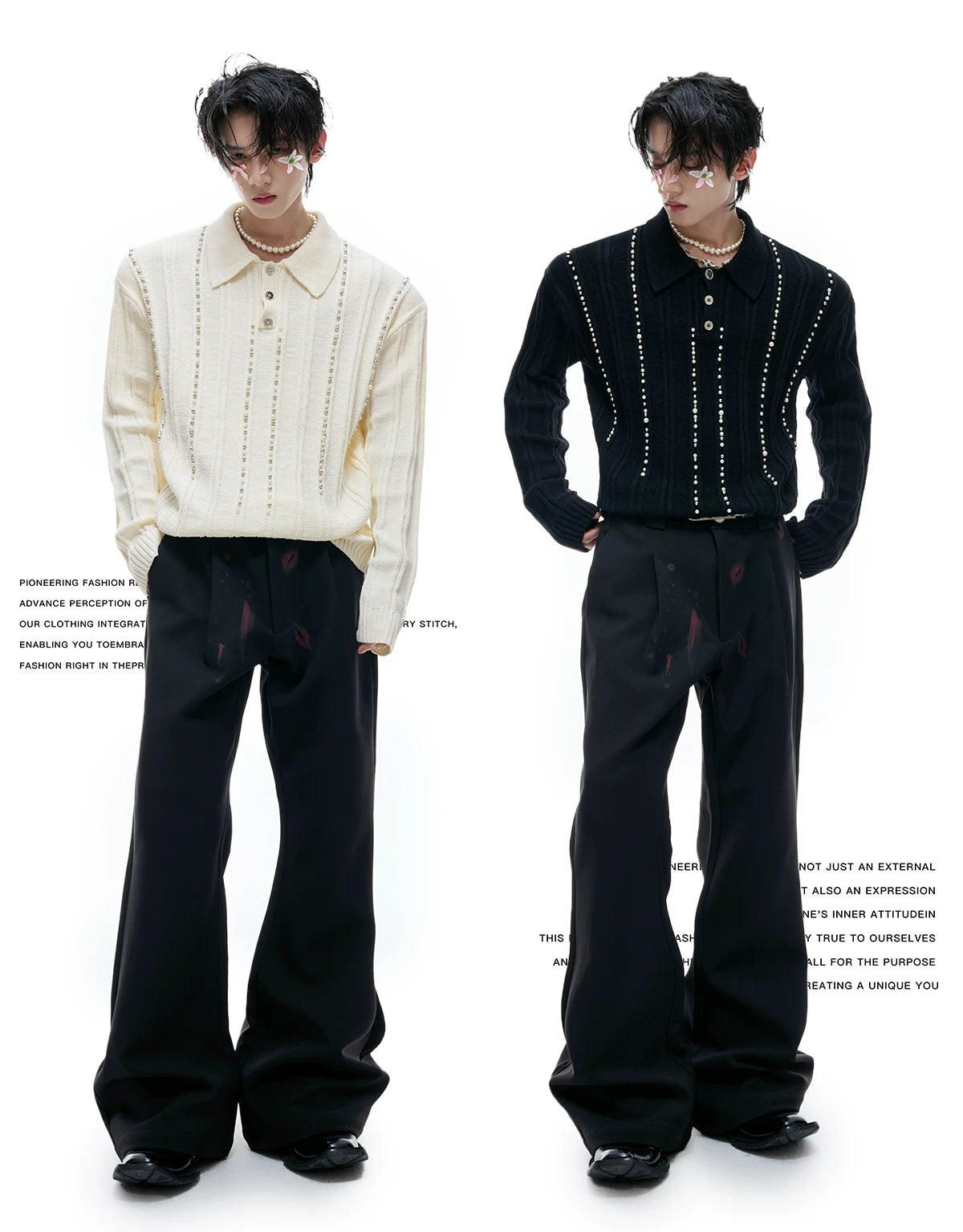 Pearl-Trim Cotton Knit Polo Shirt | Slim Long Sleeve - description image 4