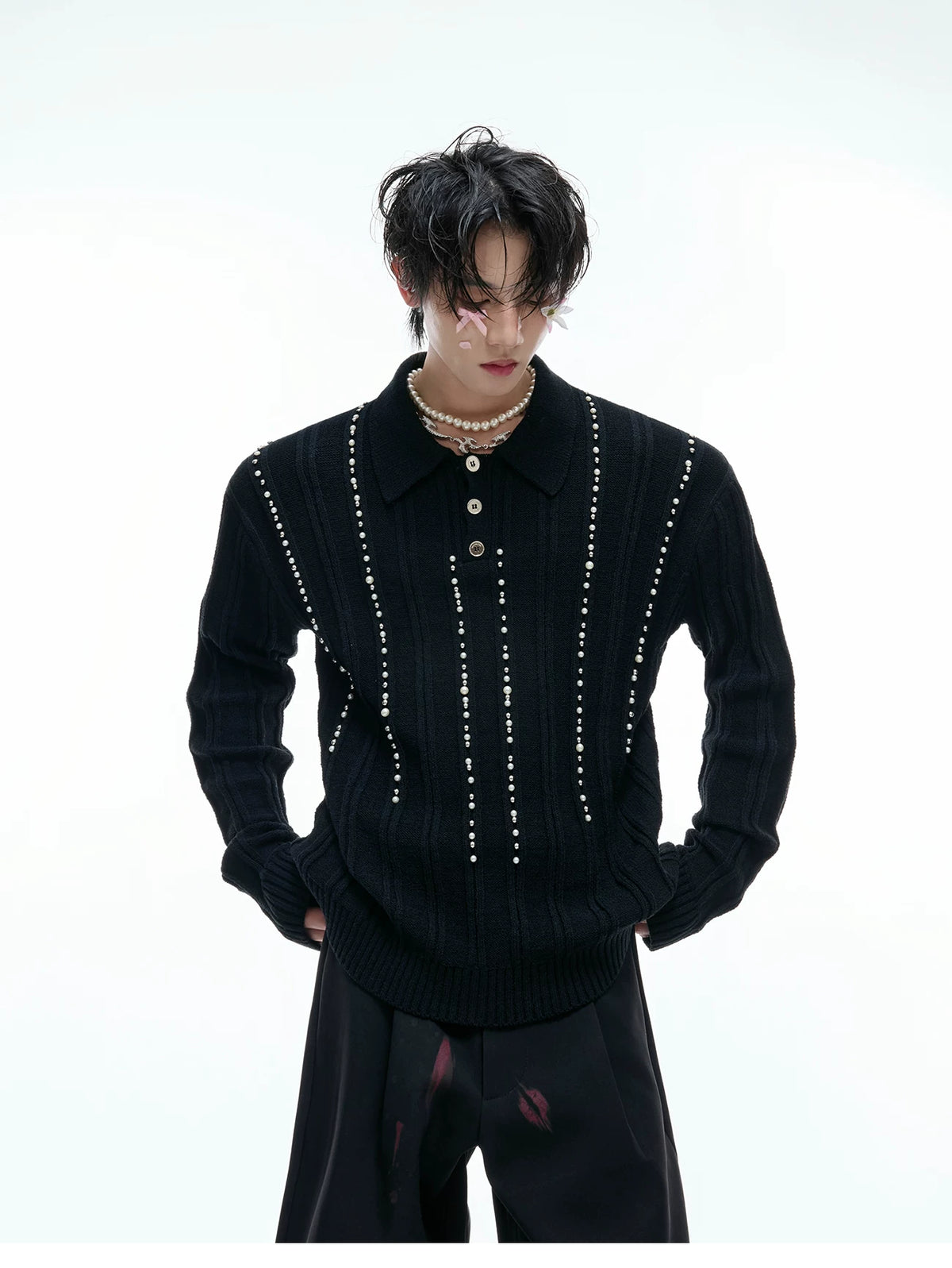 Pearl-Trim Cotton Knit Polo Shirt | Slim Long Sleeve - description image 5
