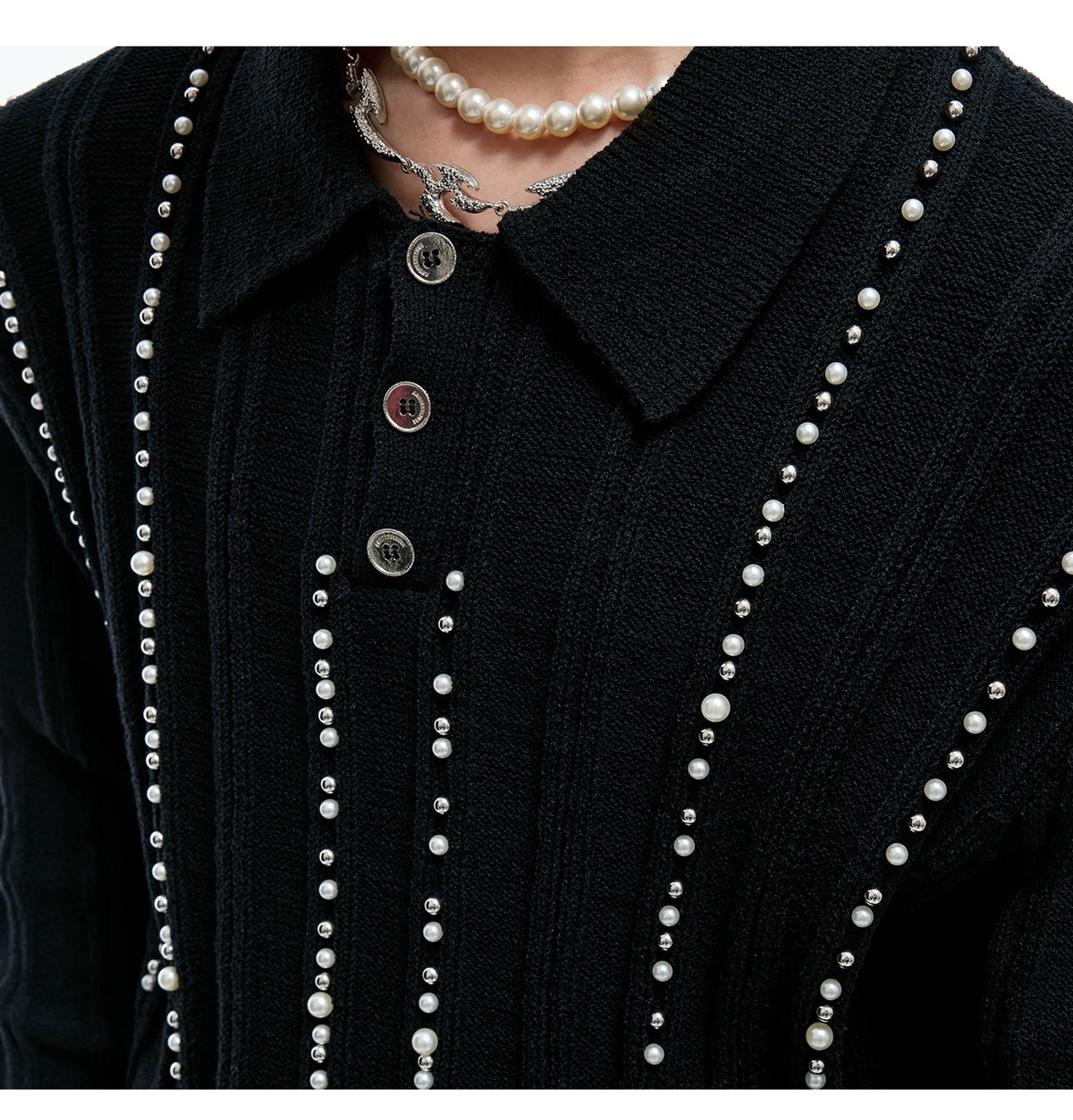 Pearl-Trim Cotton Knit Polo Shirt | Slim Long Sleeve - description image 6