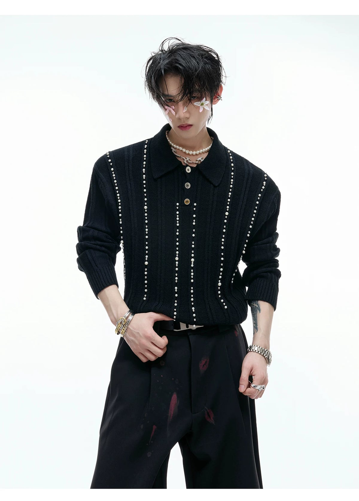 Pearl-Trim Cotton Knit Polo Shirt | Slim Long Sleeve - description image 7