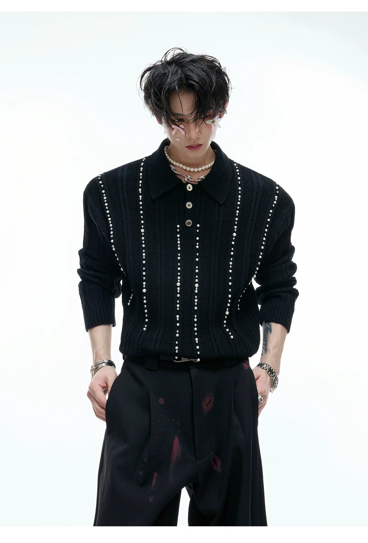 Pearl-Trim Cotton Knit Polo Shirt | Slim Long Sleeve - description image 8
