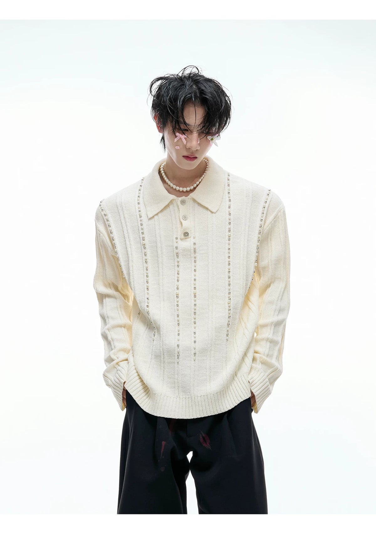 Pearl-Trim Cotton Knit Polo Shirt | Slim Long Sleeve - description image 9