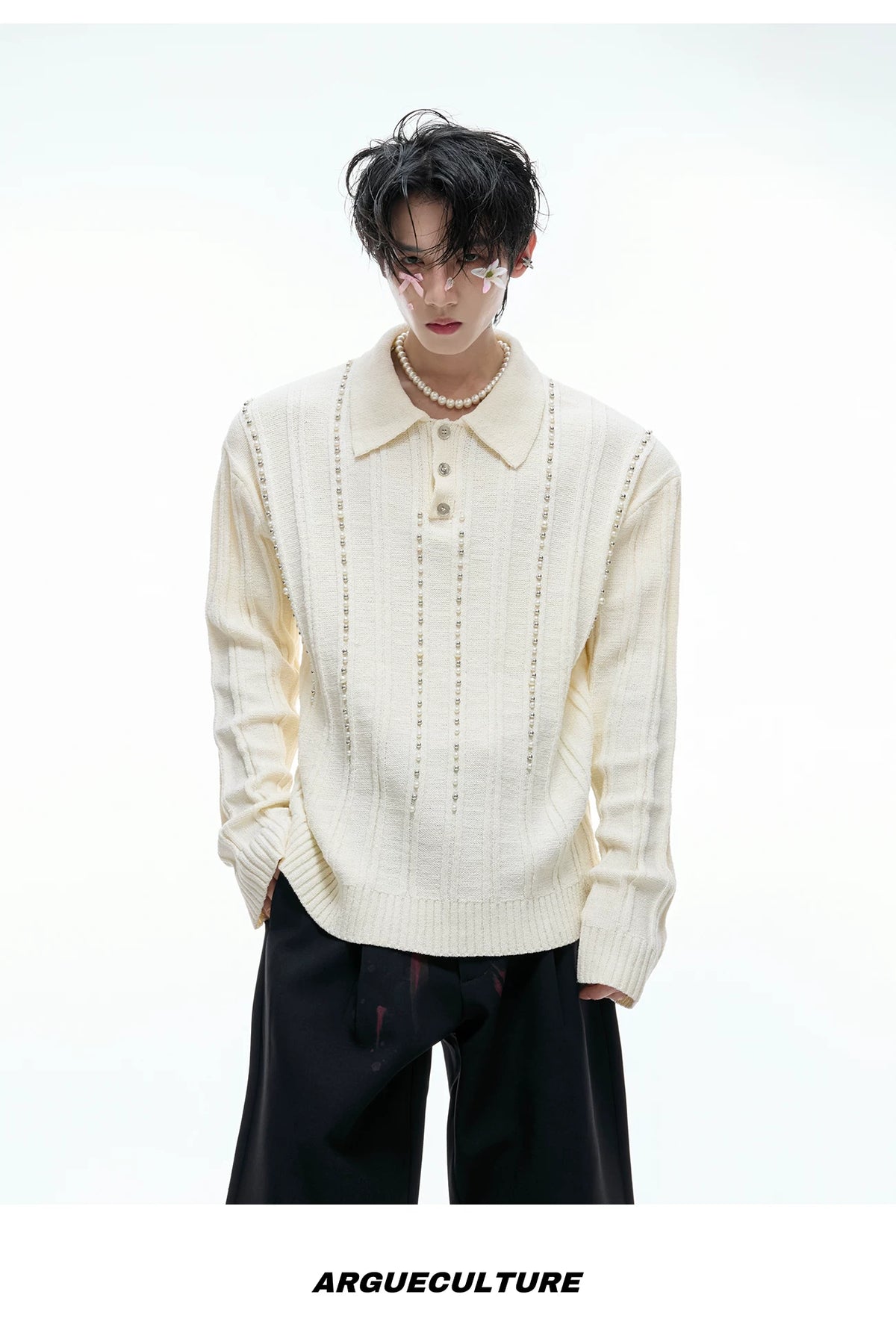 Pearl-Trim Cotton Knit Polo Shirt | Slim Long Sleeve - description image 10