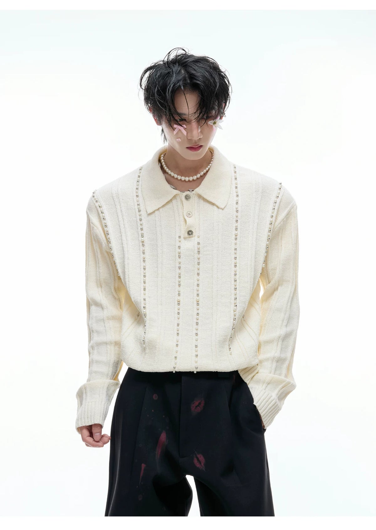 Pearl-Trim Cotton Knit Polo Shirt | Slim Long Sleeve - description image 11
