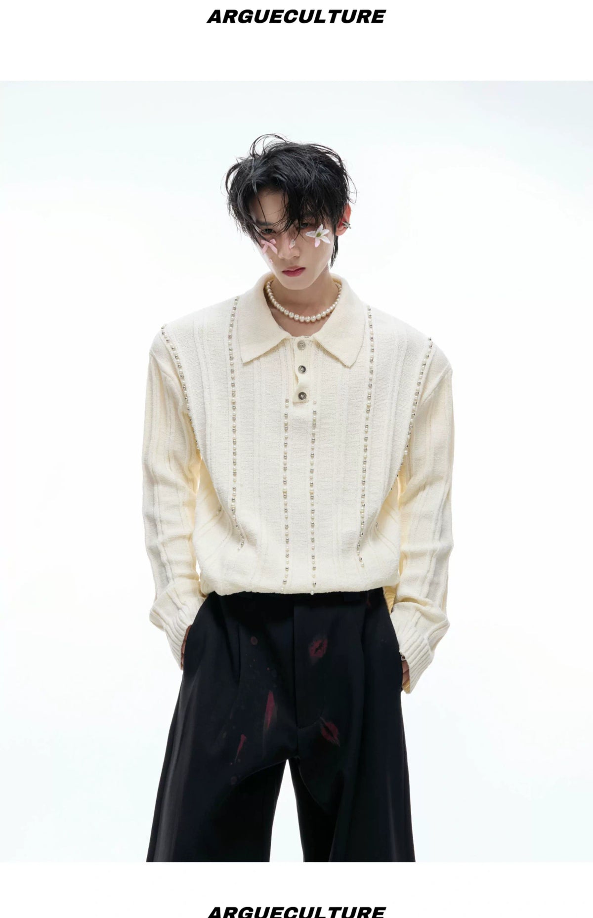 Pearl-Trim Cotton Knit Polo Shirt | Slim Long Sleeve - description image 12