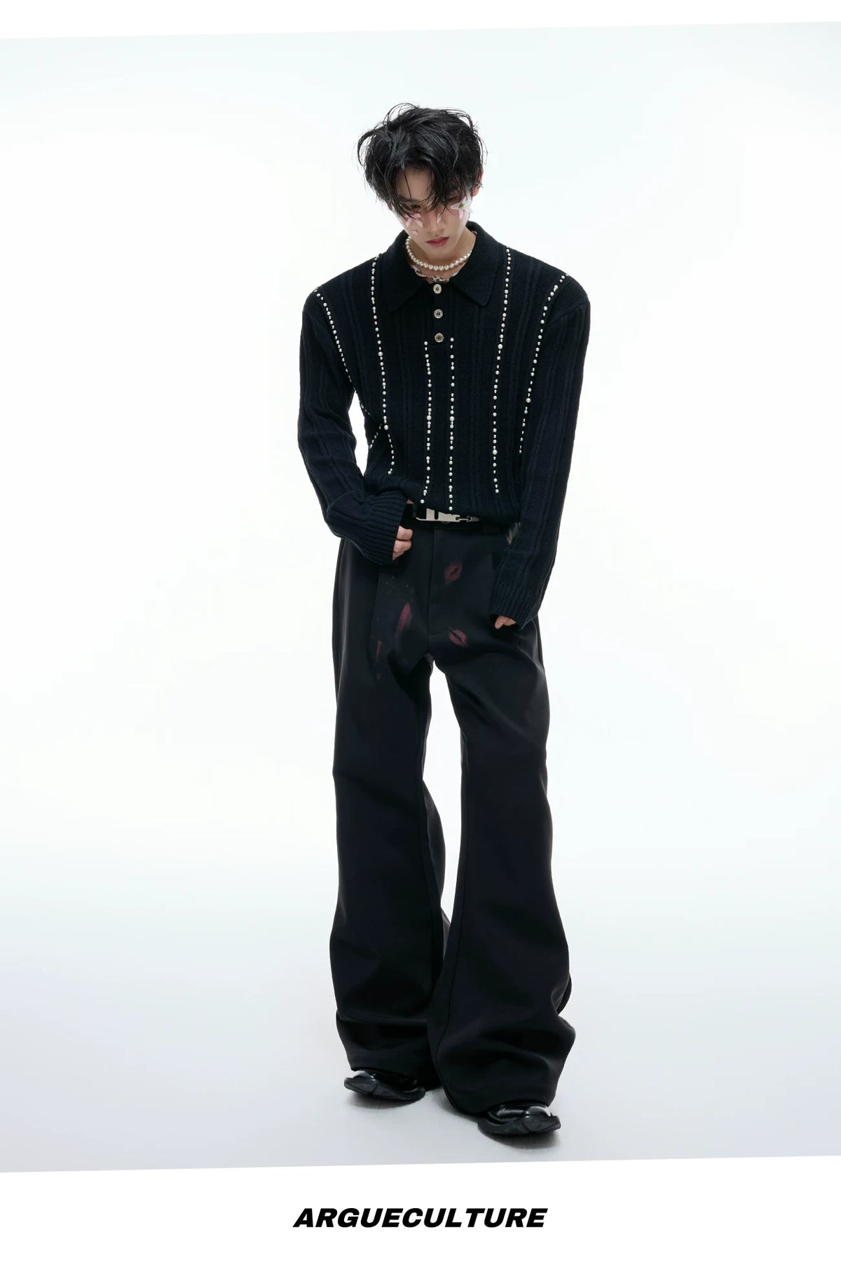 Pearl-Trim Cotton Knit Polo Shirt | Slim Long Sleeve - description image 16