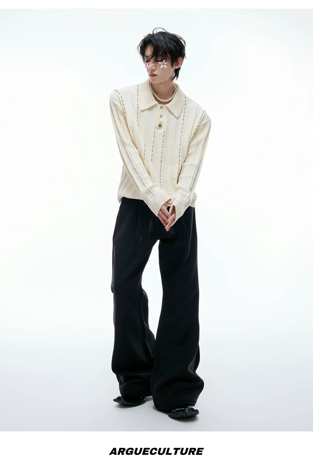 Pearl-Trim Cotton Knit Polo Shirt | Slim Long Sleeve - description image 17