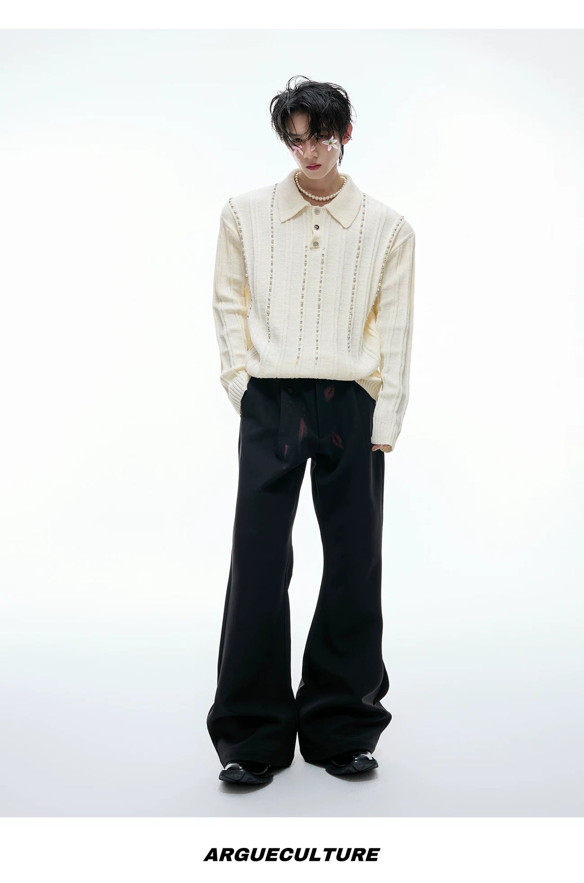 Pearl-Trim Cotton Knit Polo Shirt | Slim Long Sleeve - description image 18