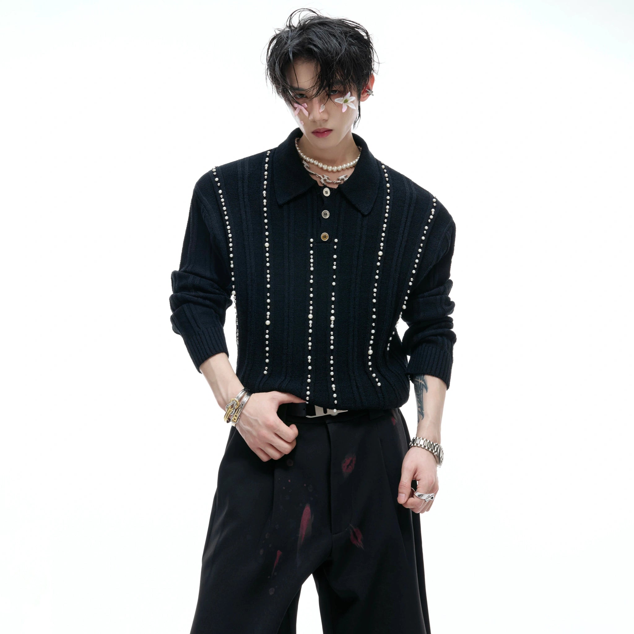 Pearl-Trim Cotton Knit Polo Shirt | Slim Long Sleeve - main image 2