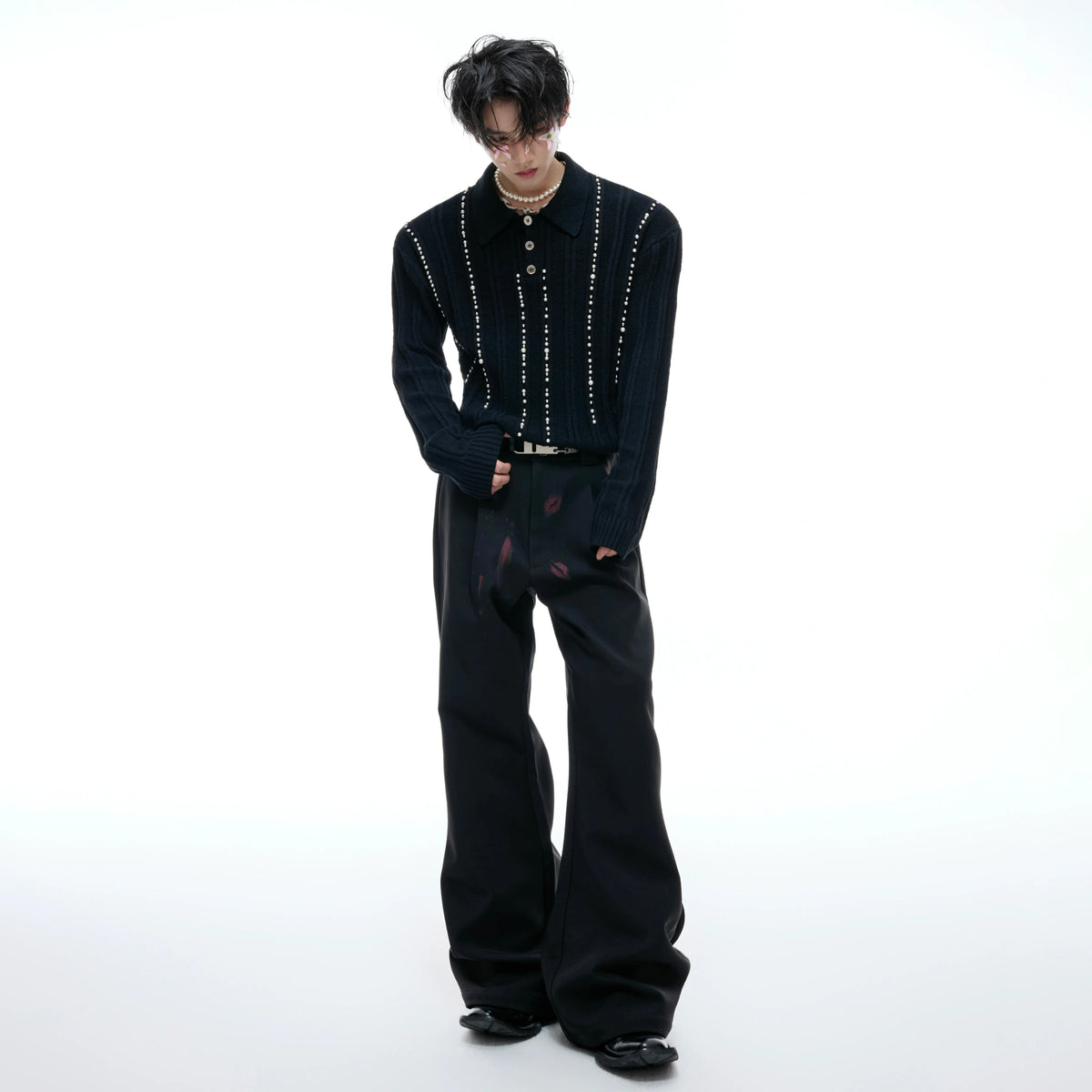 Pearl-Trim Cotton Knit Polo Shirt | Slim Long Sleeve - main image 4
