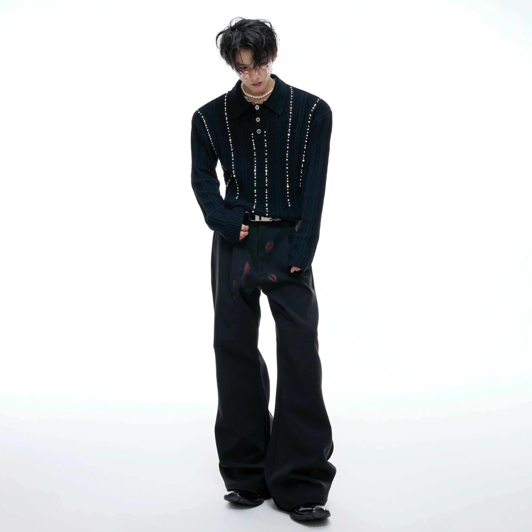 Pearl-Trim Cotton Knit Polo Shirt | Slim Long Sleeve - main image 4