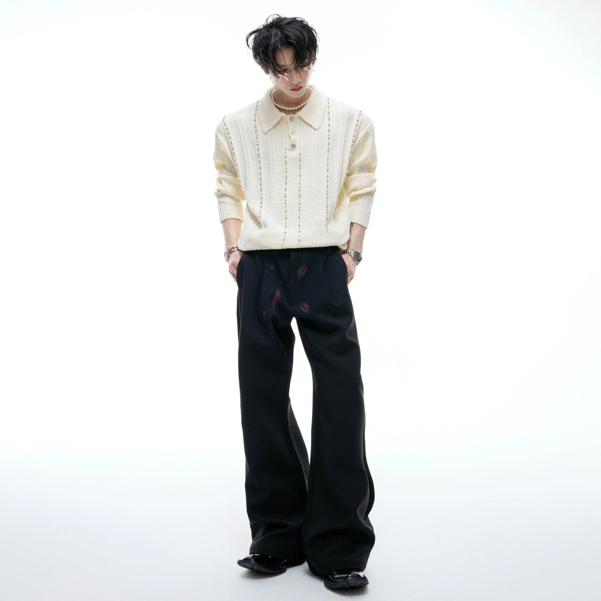 Pearl-Trim Cotton Knit Polo Shirt | Slim Long Sleeve - main image 5