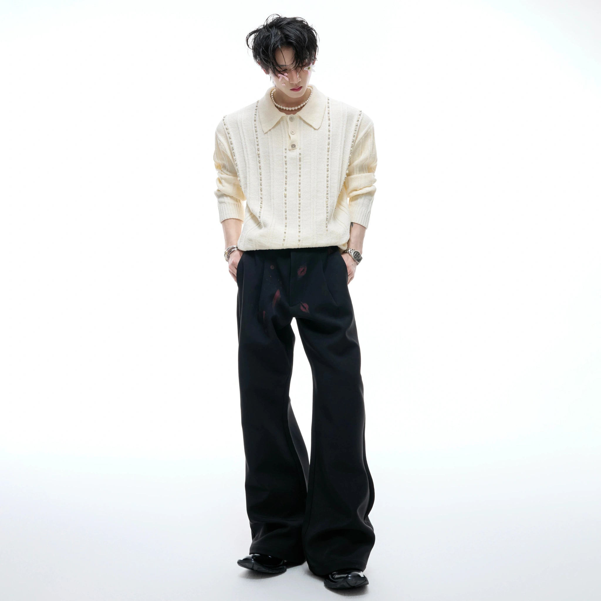 Pearl-Trim Cotton Knit Polo Shirt | Slim Long Sleeve - main image 5