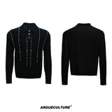 Pearl-Trim Cotton Knit Polo Shirt | Slim Long Sleeve - Black Top