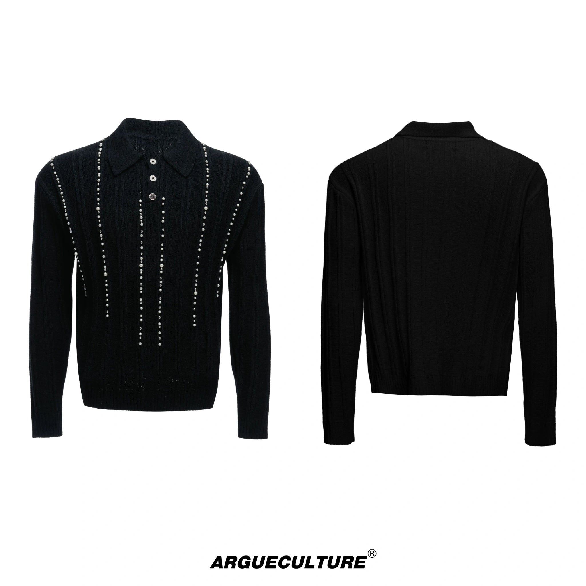 Pearl-Trim Cotton Knit Polo Shirt | Slim Long Sleeve - Black Top